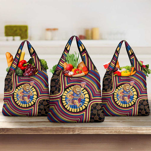 Brisbane Lions Grocery Bag Indigenous Monochrome Dot Art Mascot Style