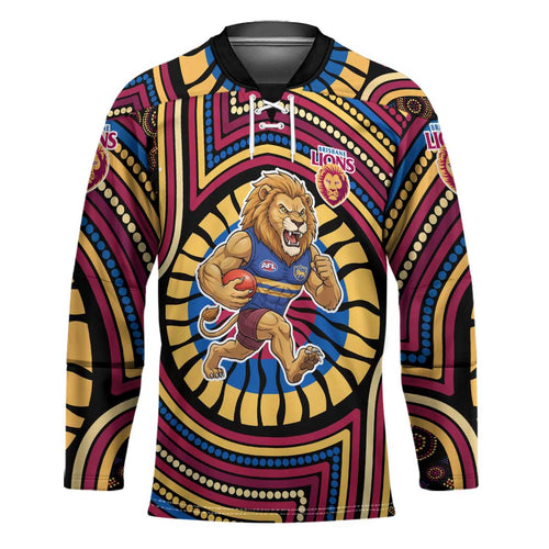 Brisbane Lions Hockey Jersey Indigenous Monochrome Dot Art Mascot Style