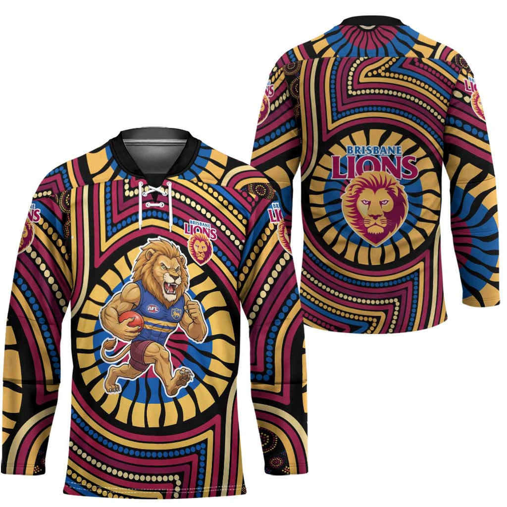 Brisbane Lions Hockey Jersey Indigenous Monochrome Dot Art Mascot Style