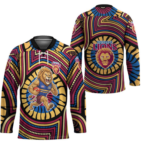 Brisbane Lions Hockey Jersey Indigenous Monochrome Dot Art Mascot Style