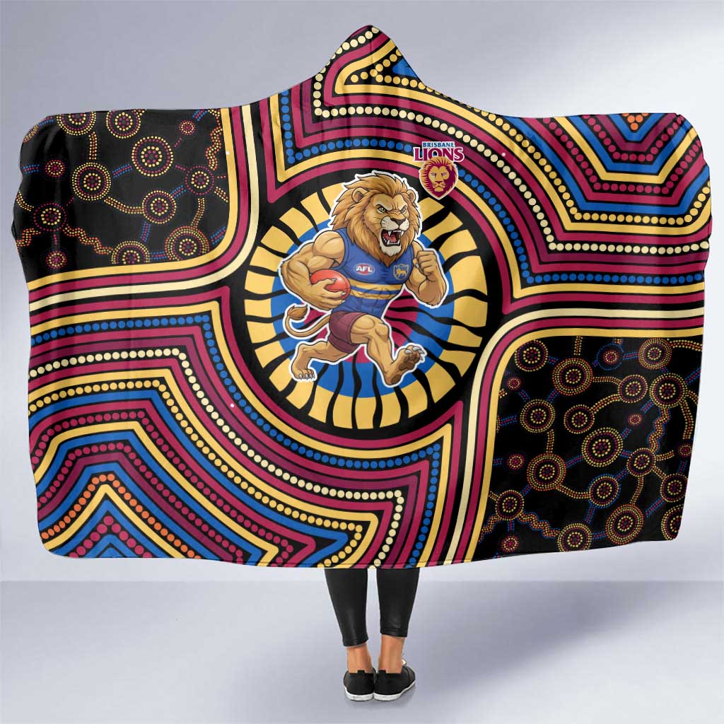 Brisbane Lions Hooded Blanket Indigenous Monochrome Dot Art Mascot Style