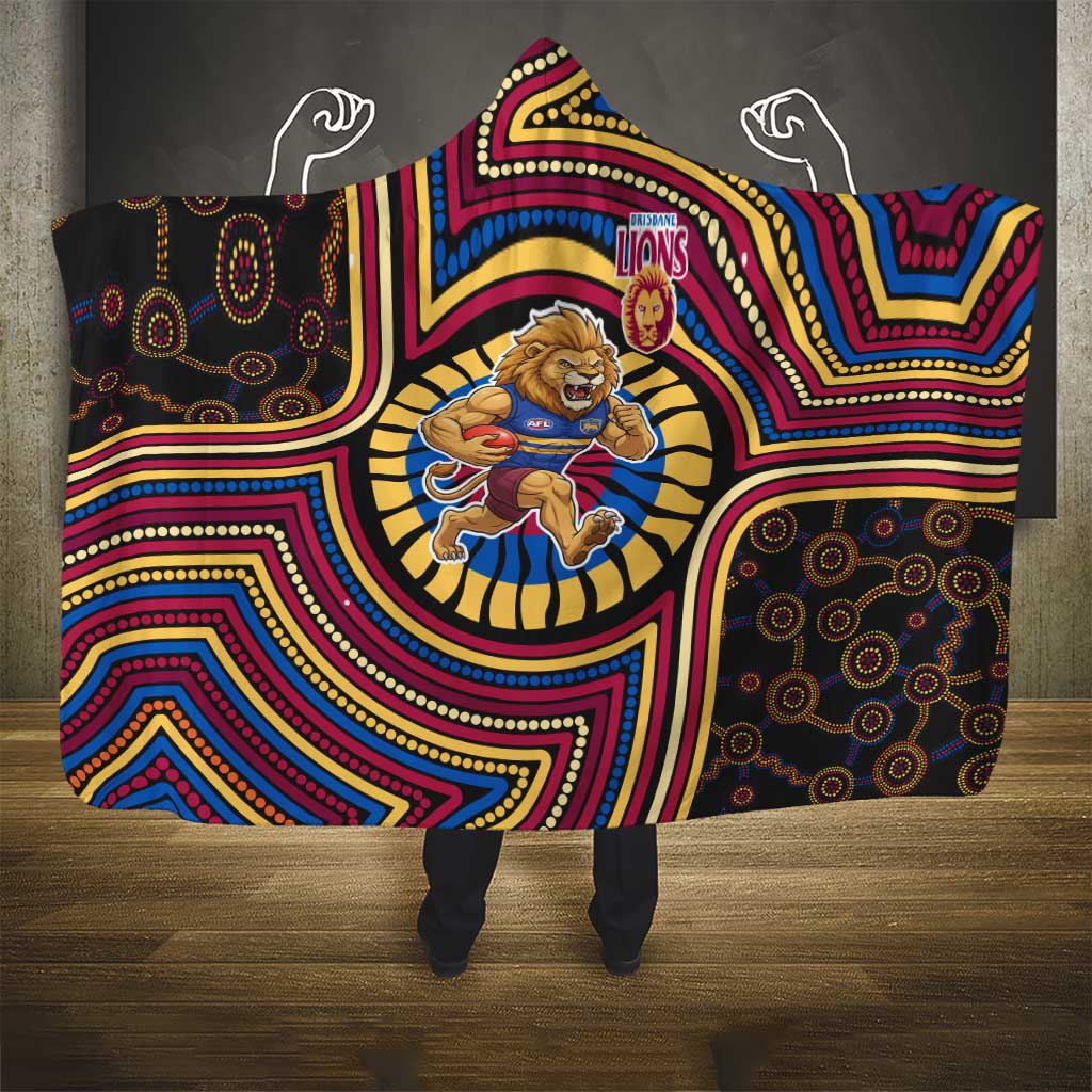Brisbane Lions Hooded Blanket Indigenous Monochrome Dot Art Mascot Style