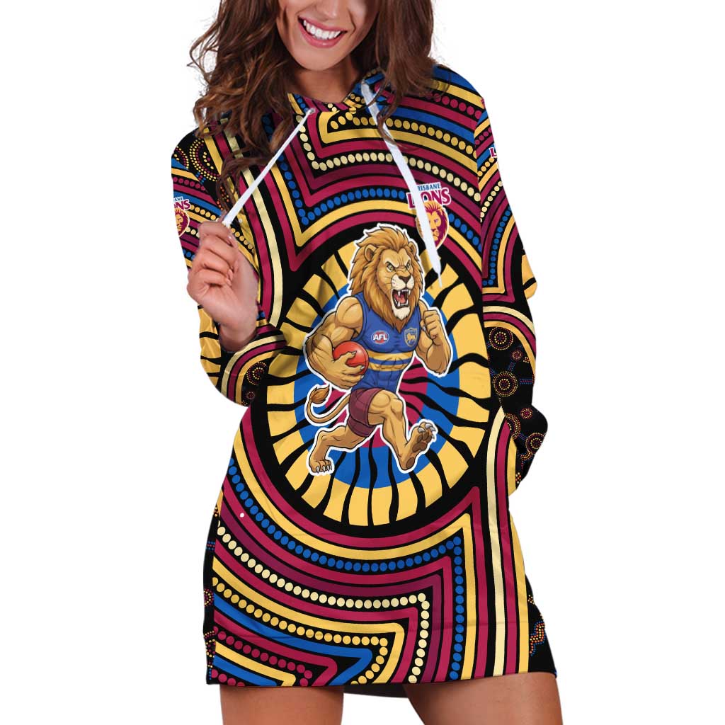 Brisbane Lions Hoodie Dress Indigenous Monochrome Dot Art Mascot Style