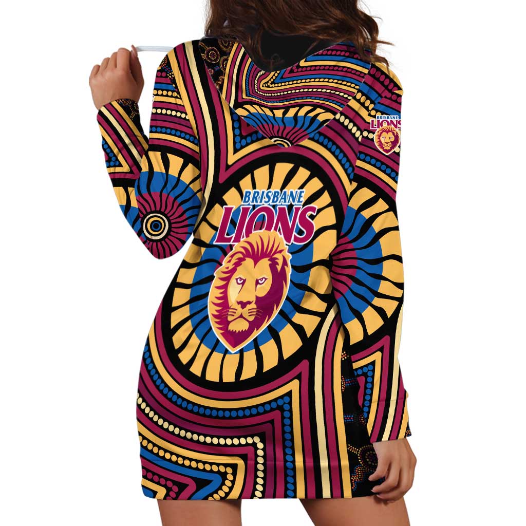 Brisbane Lions Hoodie Dress Indigenous Monochrome Dot Art Mascot Style
