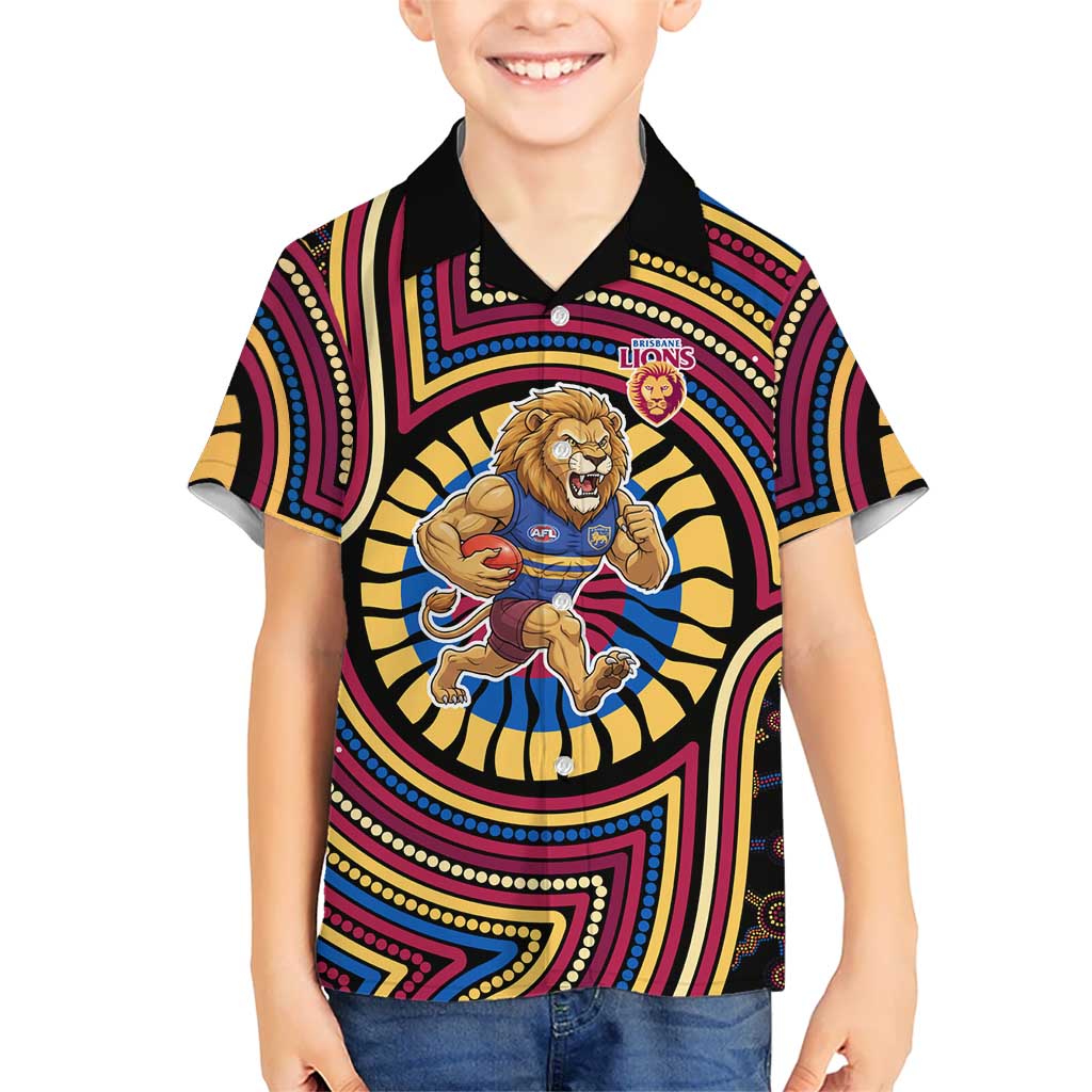 Brisbane Lions Kid Hawaiian Shirt Indigenous Monochrome Dot Art Mascot Style