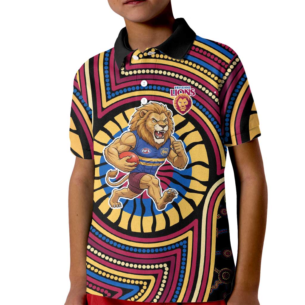 Brisbane Lions Kid Polo Shirt Indigenous Monochrome Dot Art Mascot Style