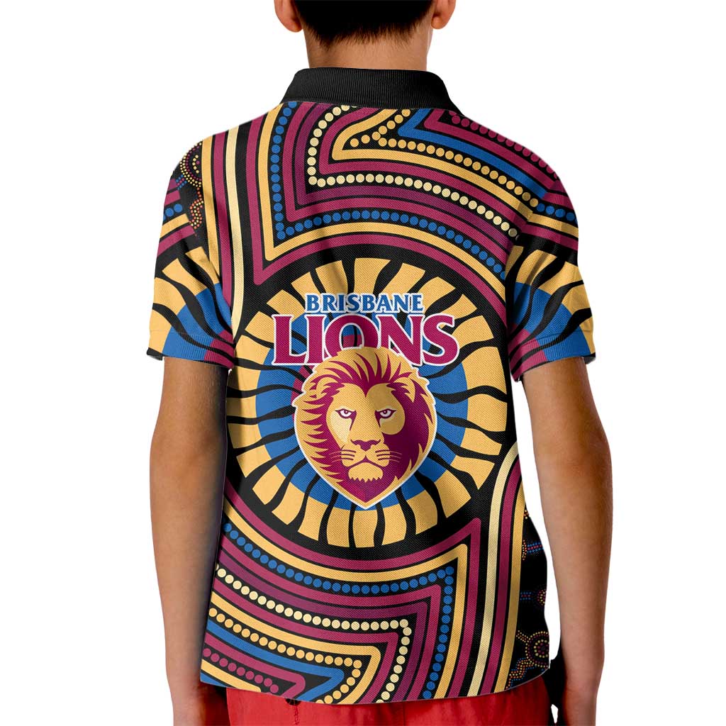 Brisbane Lions Kid Polo Shirt Indigenous Monochrome Dot Art Mascot Style