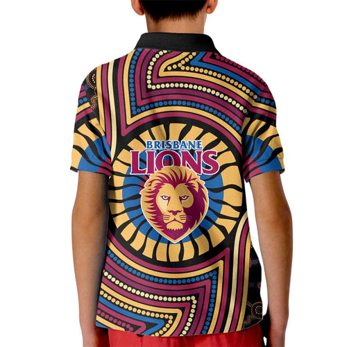 Brisbane Lions Kid Polo Shirt Indigenous Monochrome Dot Art Mascot Style