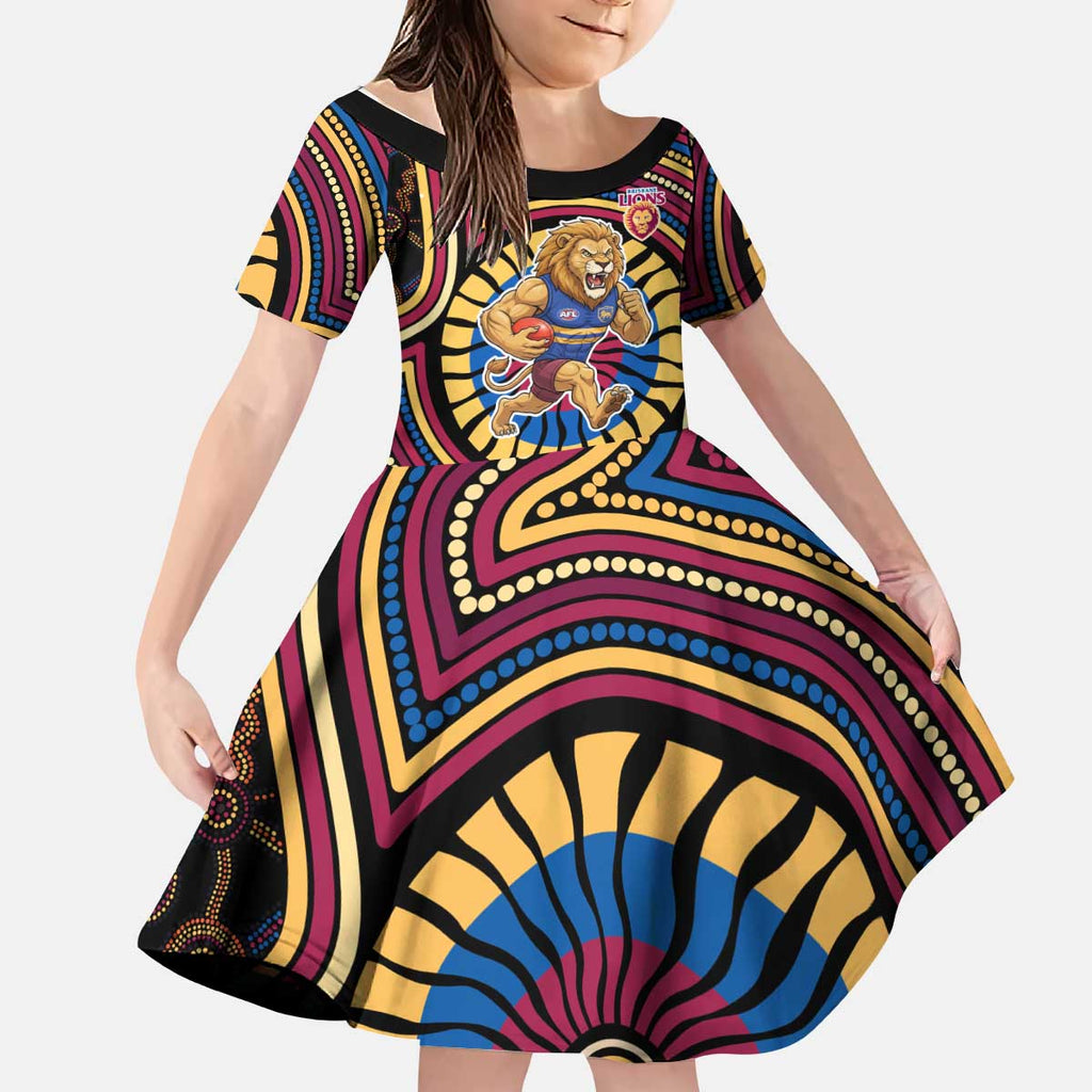 Brisbane Lions Kid Short Sleeve Dress Indigenous Monochrome Dot Art Mascot Style