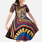 Brisbane Lions Kid Short Sleeve Dress Indigenous Monochrome Dot Art Mascot Style