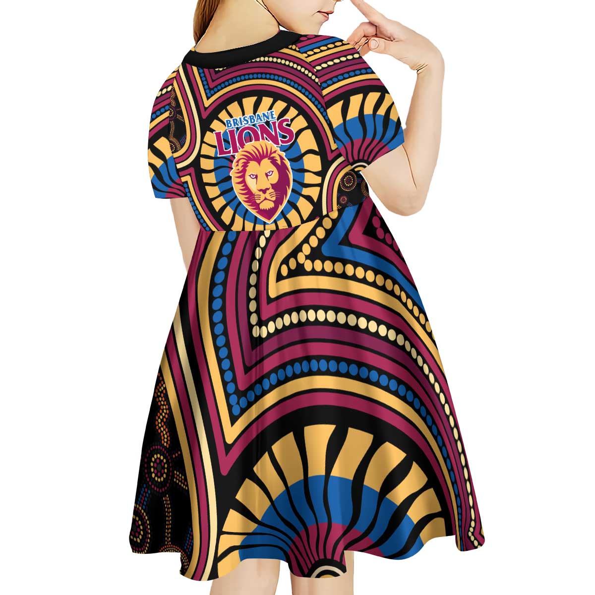 Brisbane Lions Kid Short Sleeve Dress Indigenous Monochrome Dot Art Mascot Style