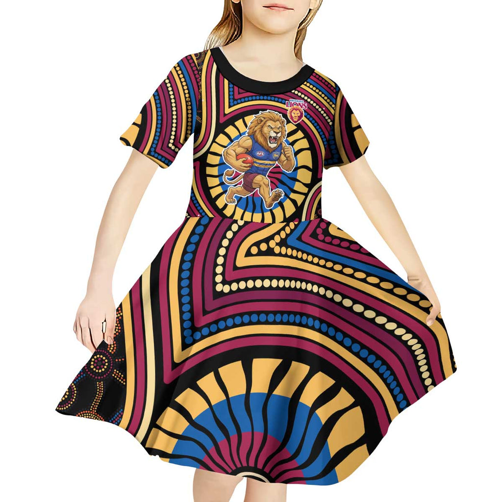 Brisbane Lions Kid Short Sleeve Dress Indigenous Monochrome Dot Art Mascot Style
