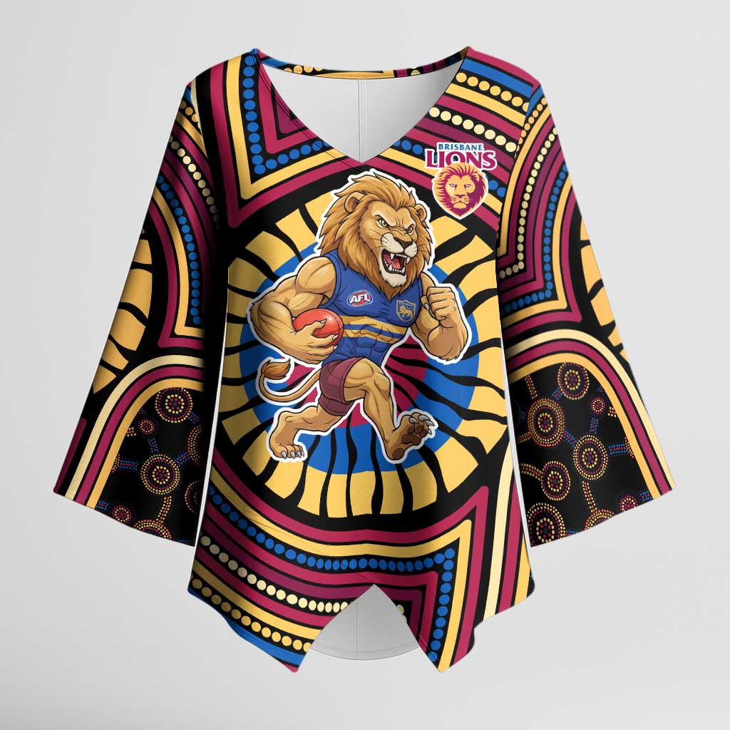 Brisbane Lions Kimono Sleeve Blouse Indigenous Monochrome Dot Art Mascot Style