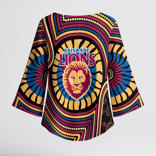 Brisbane Lions Kimono Sleeve Blouse Indigenous Monochrome Dot Art Mascot Style
