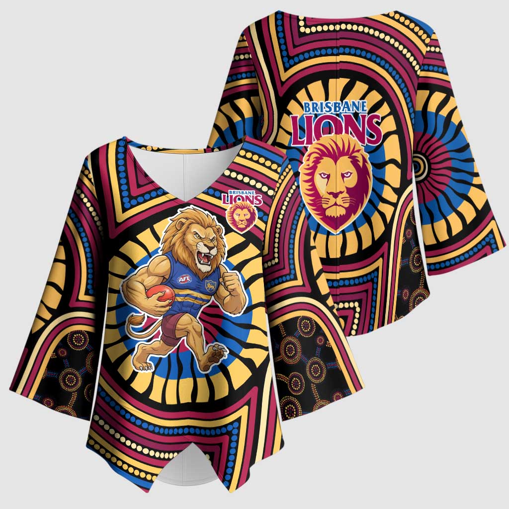 Brisbane Lions Kimono Sleeve Blouse Indigenous Monochrome Dot Art Mascot Style