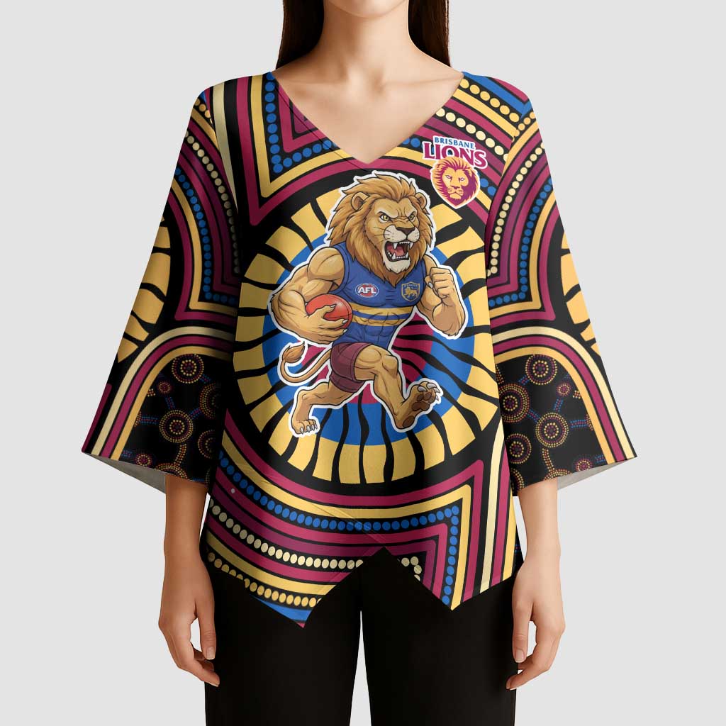 Brisbane Lions Kimono Sleeve Blouse Indigenous Monochrome Dot Art Mascot Style