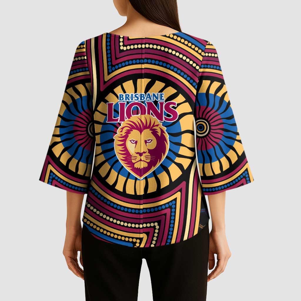 Brisbane Lions Kimono Sleeve Blouse Indigenous Monochrome Dot Art Mascot Style