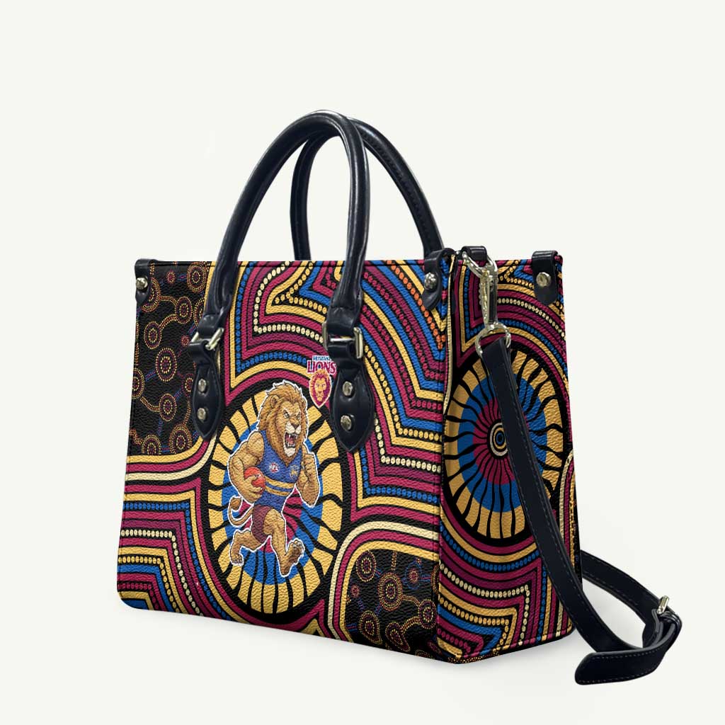 Brisbane Lions Leather Bag Indigenous Monochrome Dot Art Mascot Style