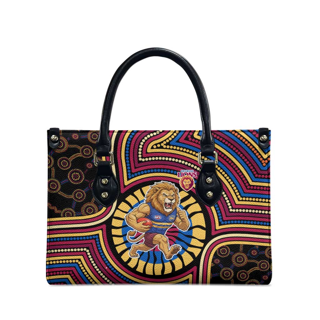Brisbane Lions Leather Bag Indigenous Monochrome Dot Art Mascot Style