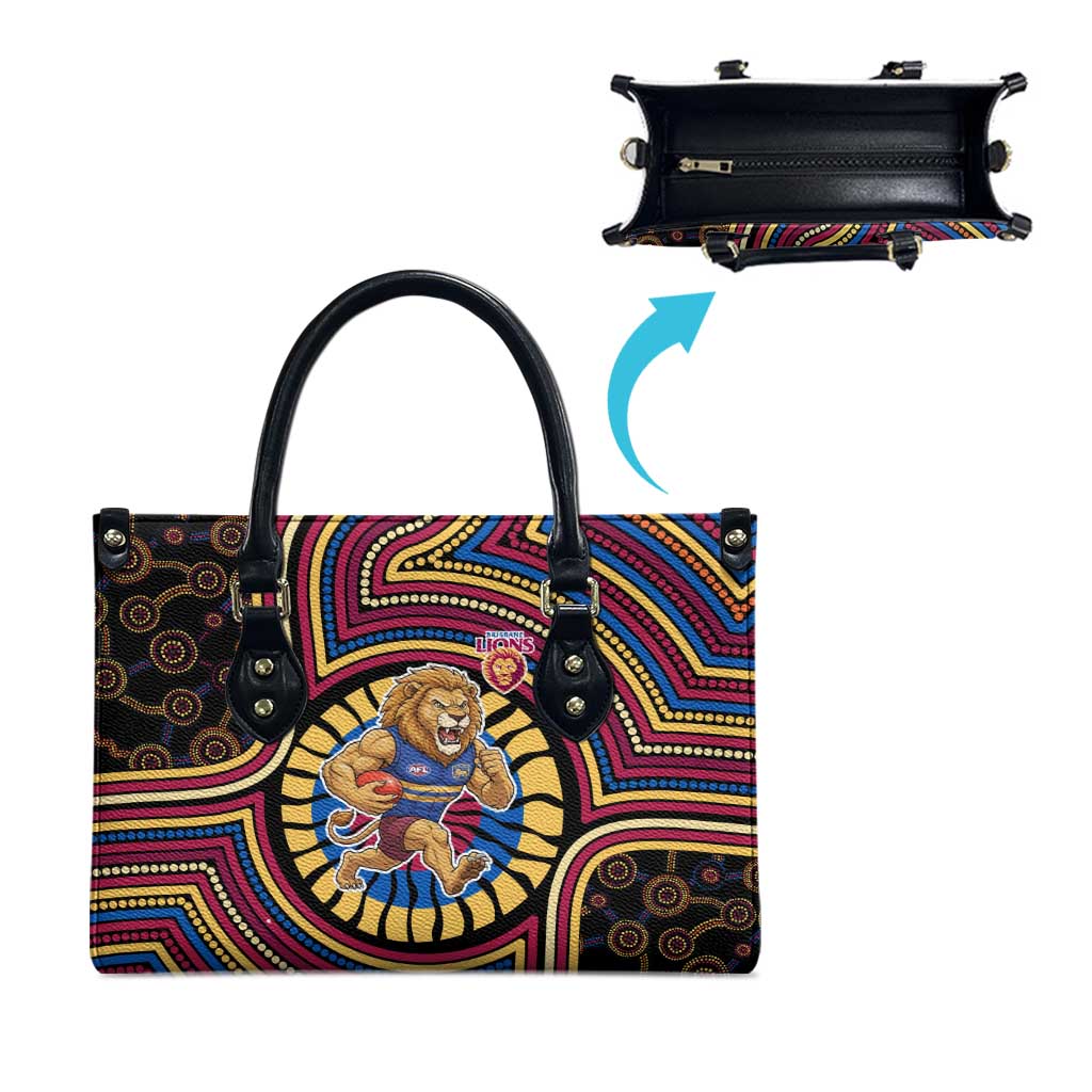 Brisbane Lions Leather Bag Indigenous Monochrome Dot Art Mascot Style