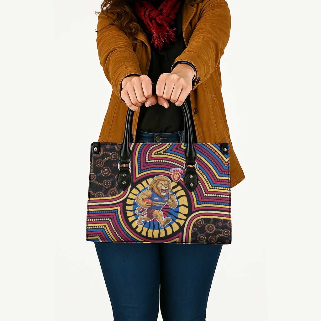 Brisbane Lions Leather Bag Indigenous Monochrome Dot Art Mascot Style