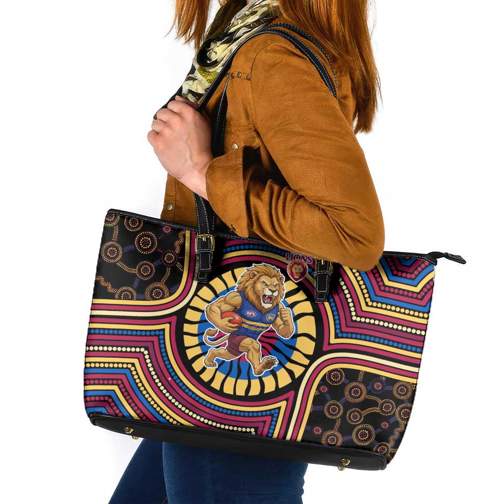 Brisbane Lions Leather Tote Bag Indigenous Monochrome Dot Art Mascot Style