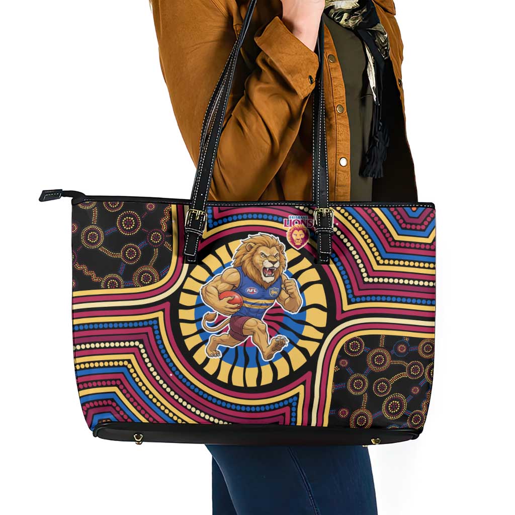 Brisbane Lions Leather Tote Bag Indigenous Monochrome Dot Art Mascot Style