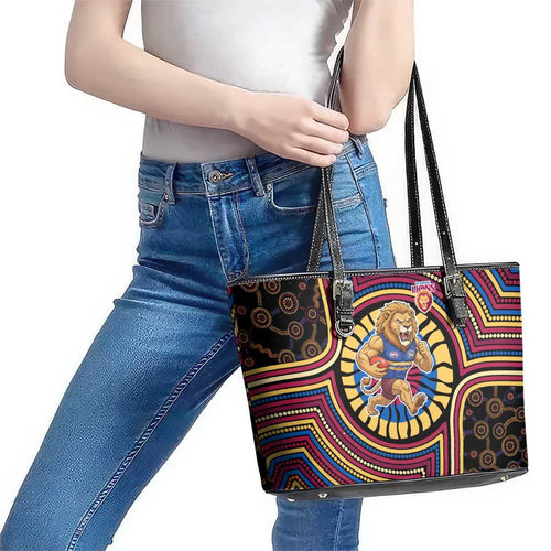 Brisbane Lions Leather Tote Bag Indigenous Monochrome Dot Art Mascot Style
