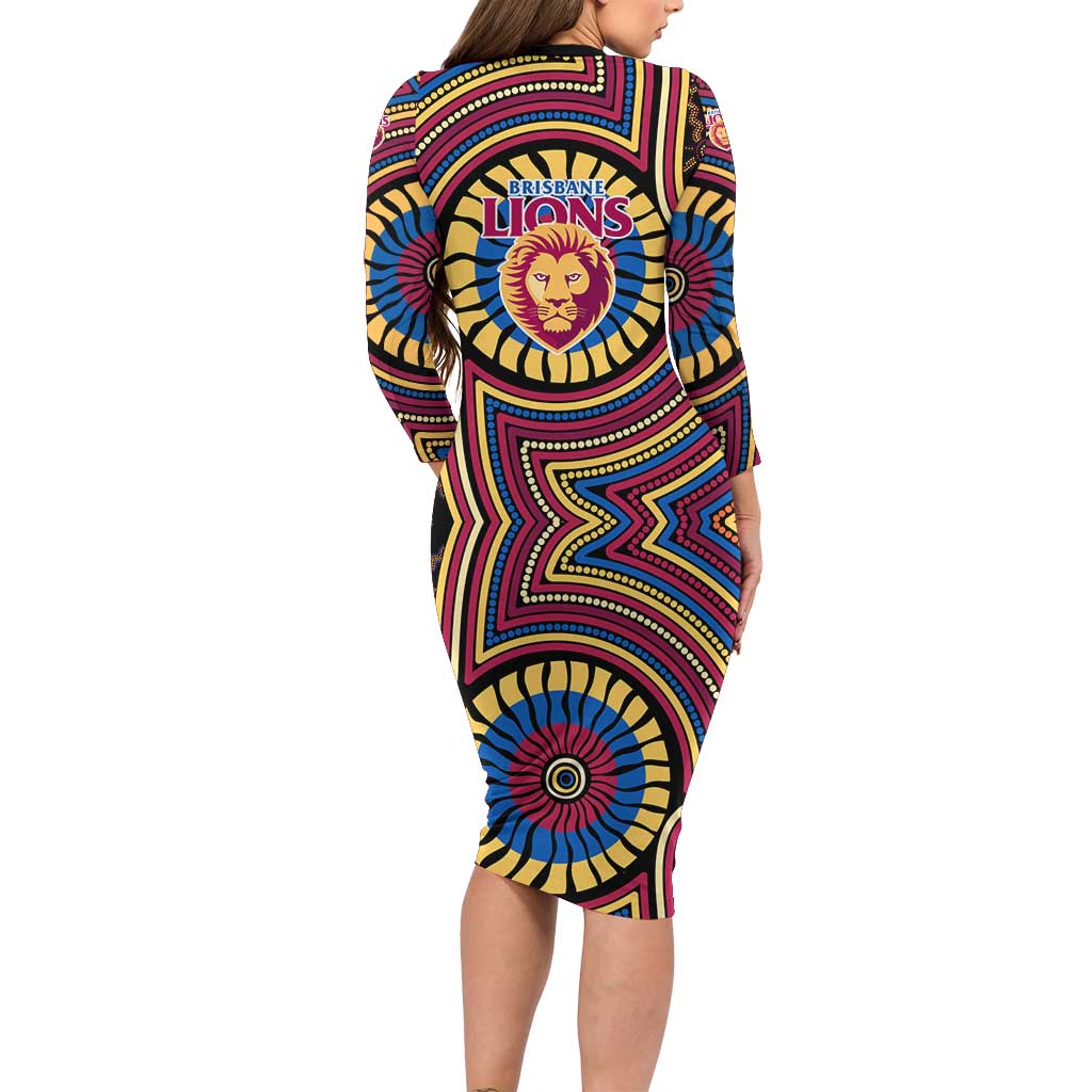 Brisbane Lions Long Sleeve Bodycon Dress Indigenous Monochrome Dot Art Mascot Style