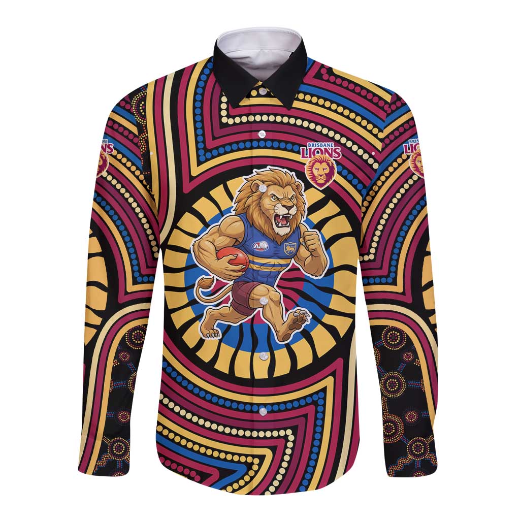 Brisbane Lions Long Sleeve Button Shirt Indigenous Monochrome Dot Art Mascot Style