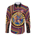 Brisbane Lions Long Sleeve Button Shirt Indigenous Monochrome Dot Art Mascot Style