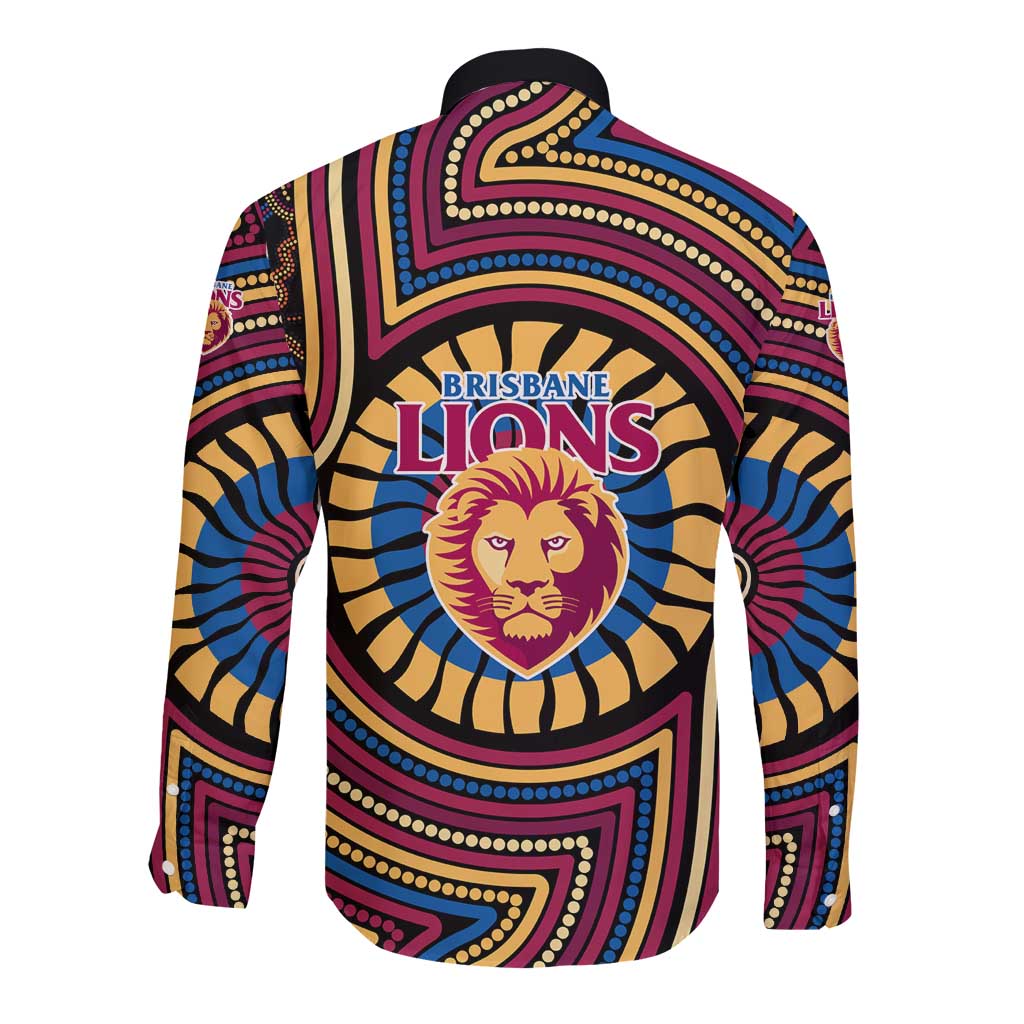 Brisbane Lions Long Sleeve Button Shirt Indigenous Monochrome Dot Art Mascot Style