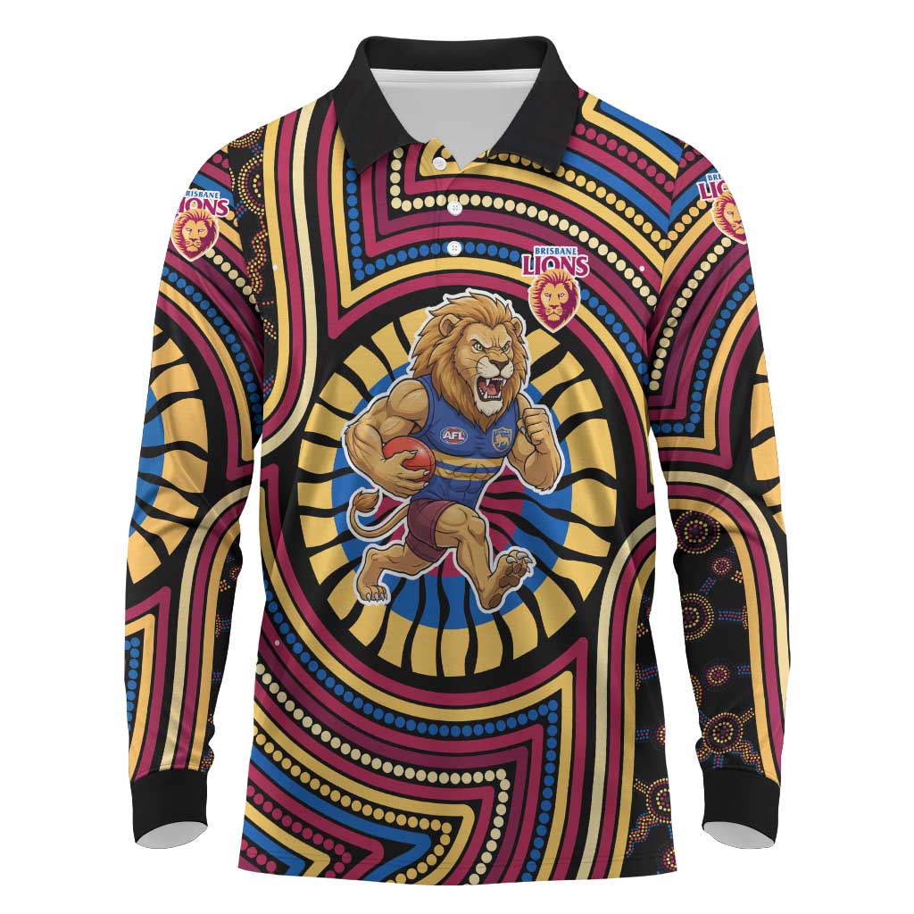 Brisbane Lions Long Sleeve Polo Shirt Indigenous Monochrome Dot Art Mascot Style