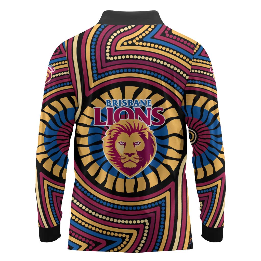 Brisbane Lions Long Sleeve Polo Shirt Indigenous Monochrome Dot Art Mascot Style