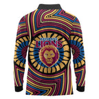Brisbane Lions Long Sleeve Polo Shirt Indigenous Monochrome Dot Art Mascot Style