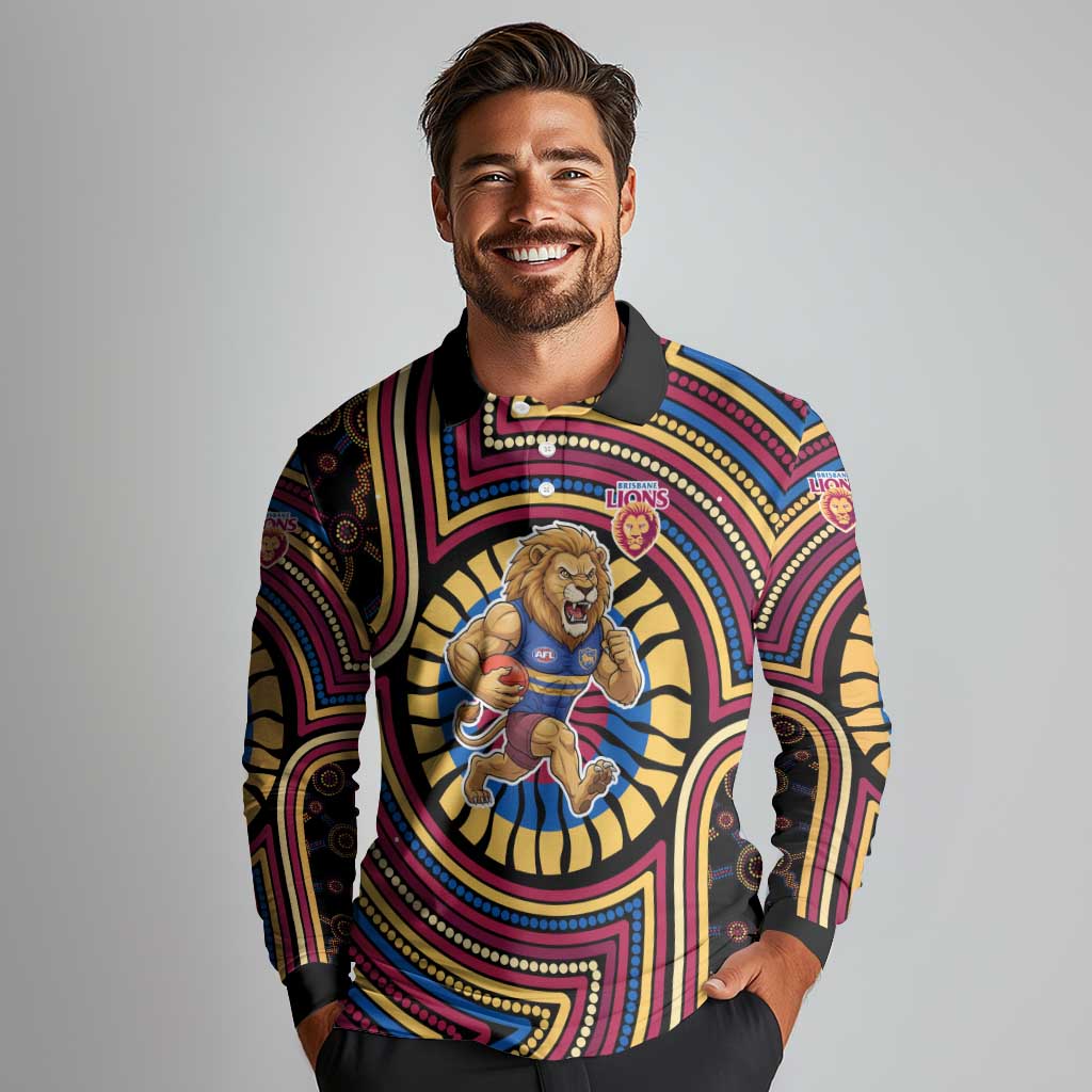 Brisbane Lions Long Sleeve Polo Shirt Indigenous Monochrome Dot Art Mascot Style