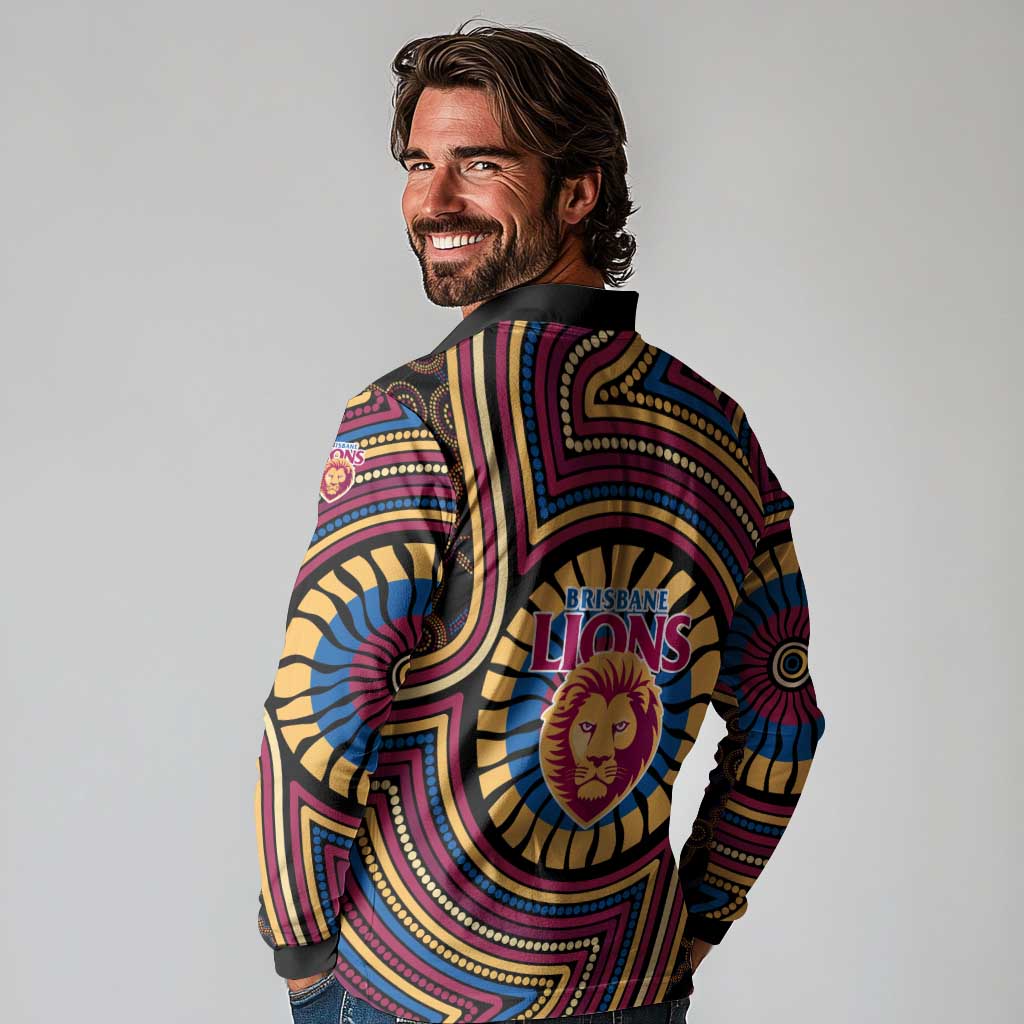 Brisbane Lions Long Sleeve Polo Shirt Indigenous Monochrome Dot Art Mascot Style