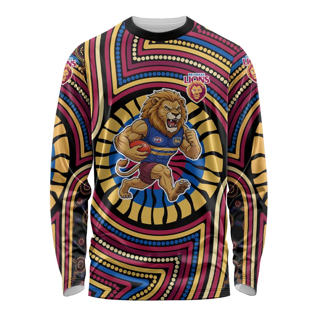 Brisbane Lions Long Sleeve Shirt Indigenous Monochrome Dot Art Mascot Style