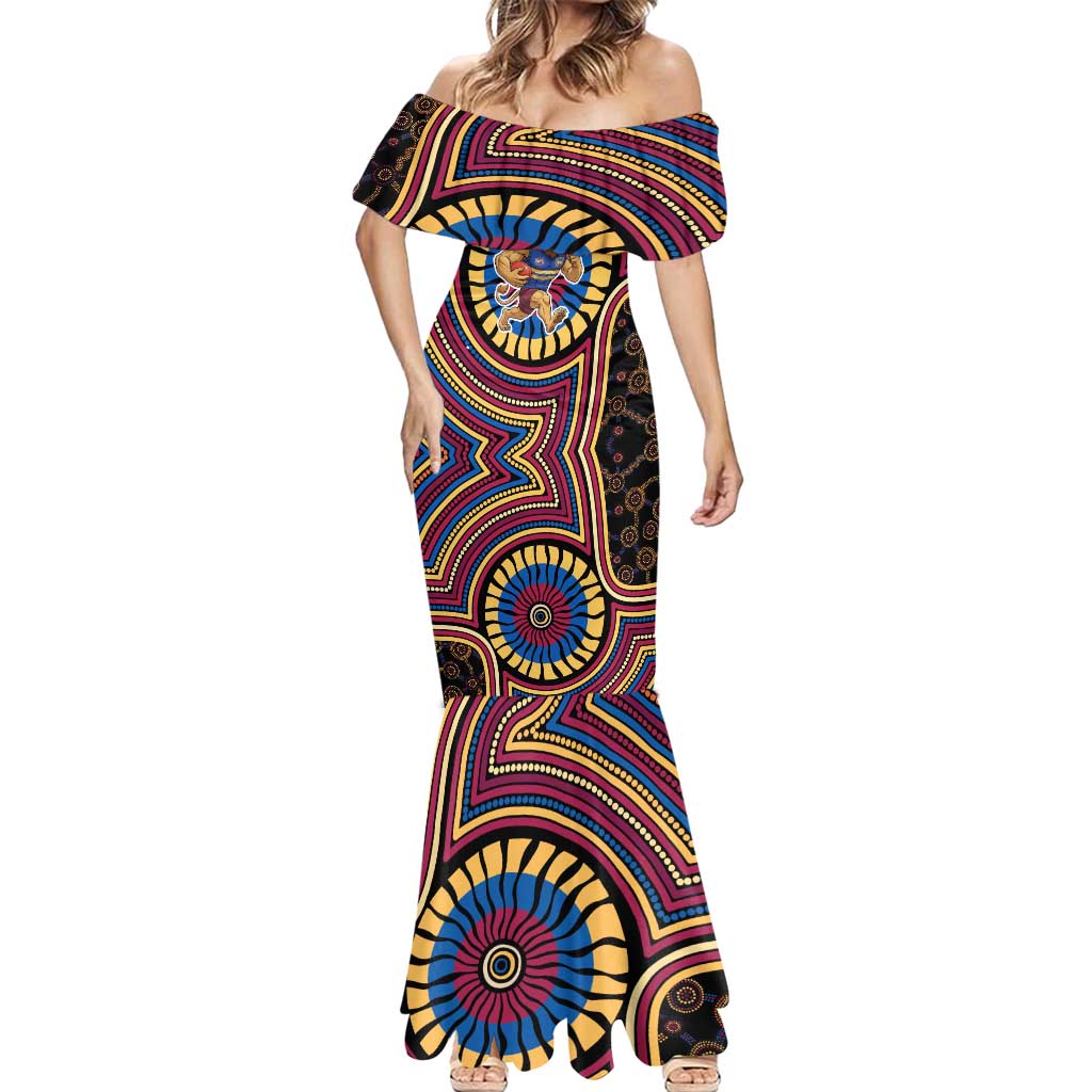 Brisbane Lions Mermaid Dress Indigenous Monochrome Dot Art Mascot Style