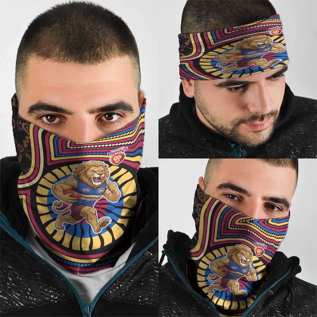 Brisbane Lions Neck Gaiter Indigenous Monochrome Dot Art Mascot Style