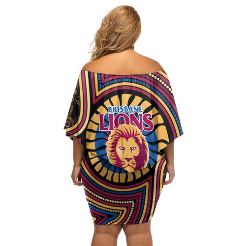 Brisbane Lions Off Shoulder Short Dress Indigenous Monochrome Dot Art Mascot Style