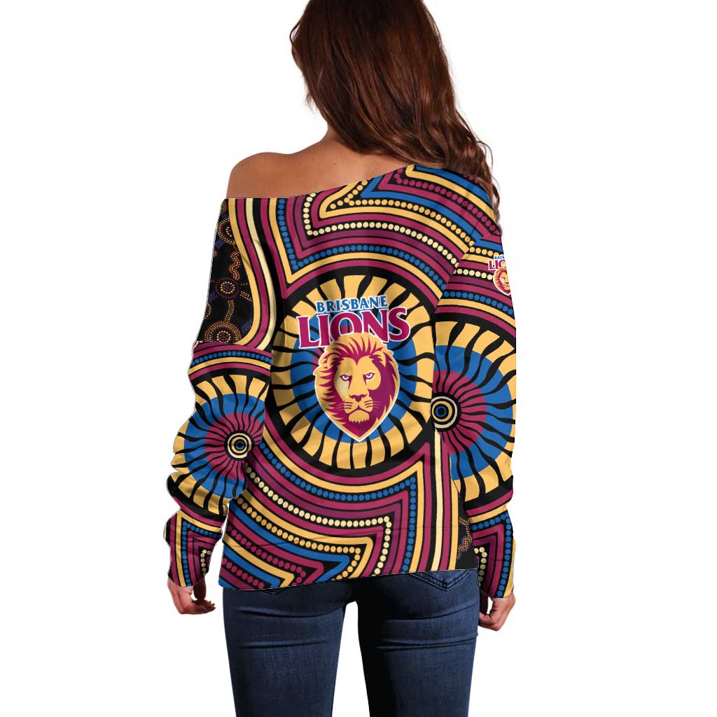 Brisbane Lions Off Shoulder Sweater Indigenous Monochrome Dot Art Mascot Style