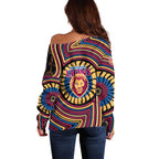 Brisbane Lions Off Shoulder Sweater Indigenous Monochrome Dot Art Mascot Style