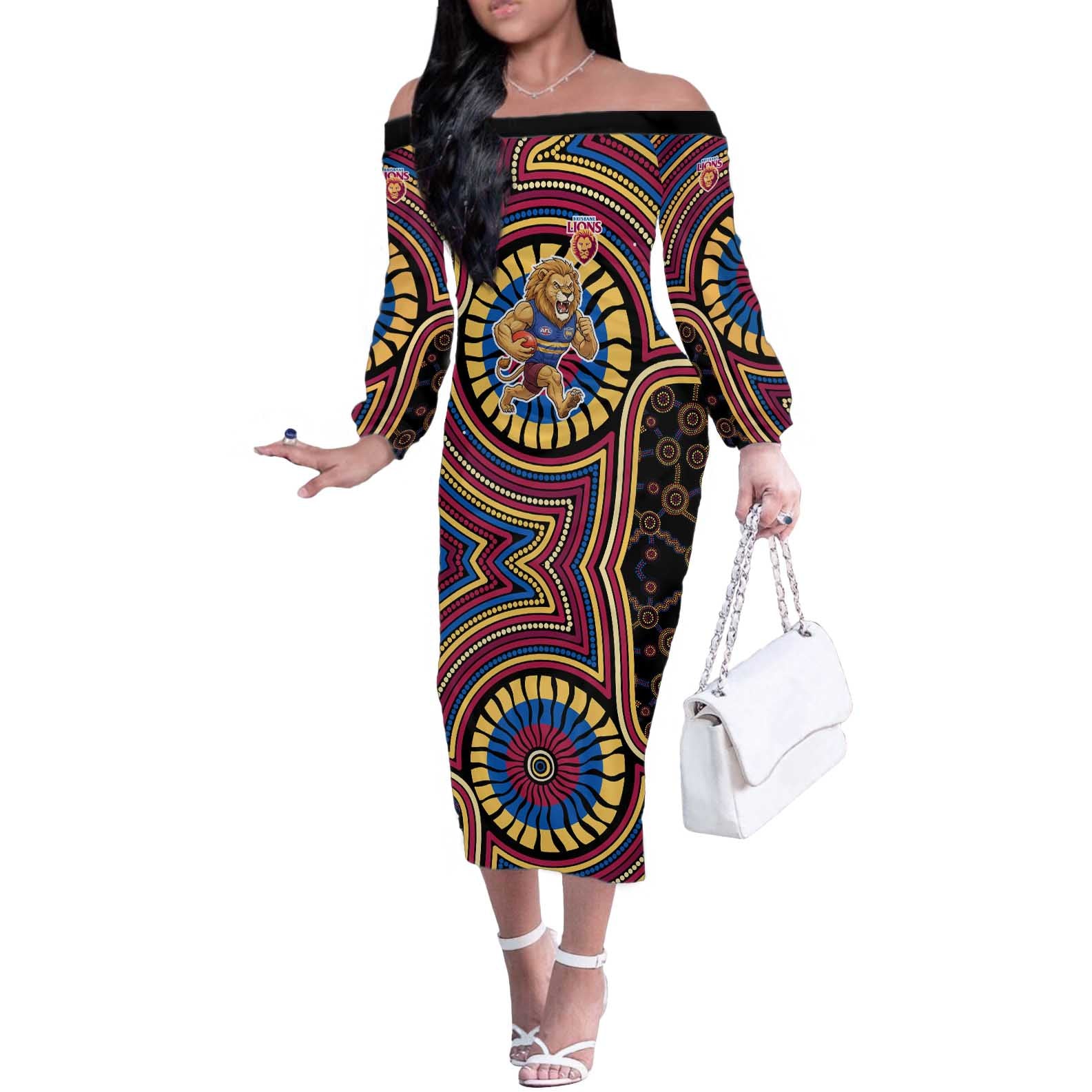 Brisbane Lions Off The Shoulder Long Sleeve Dress Indigenous Monochrome Dot Art Mascot Style