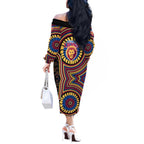 Brisbane Lions Off The Shoulder Long Sleeve Dress Indigenous Monochrome Dot Art Mascot Style