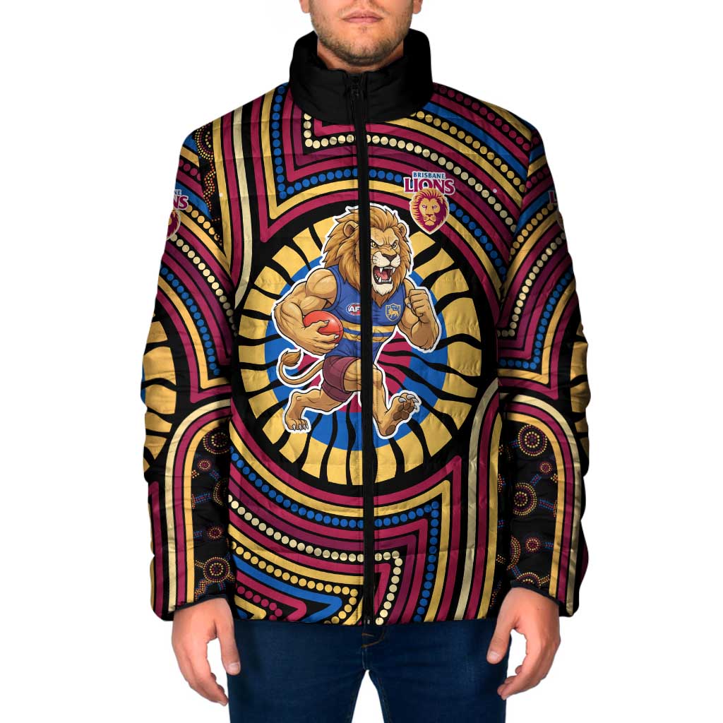 Brisbane Lions Padded Jacket Indigenous Monochrome Dot Art Mascot Style