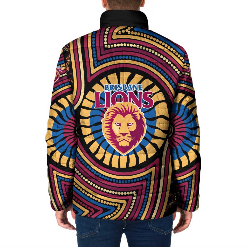 Brisbane Lions Padded Jacket Indigenous Monochrome Dot Art Mascot Style