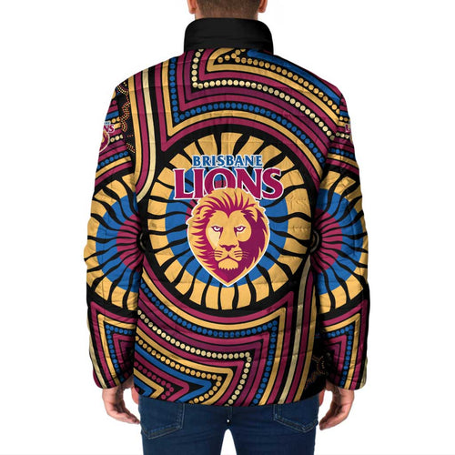 Brisbane Lions Padded Jacket Indigenous Monochrome Dot Art Mascot Style