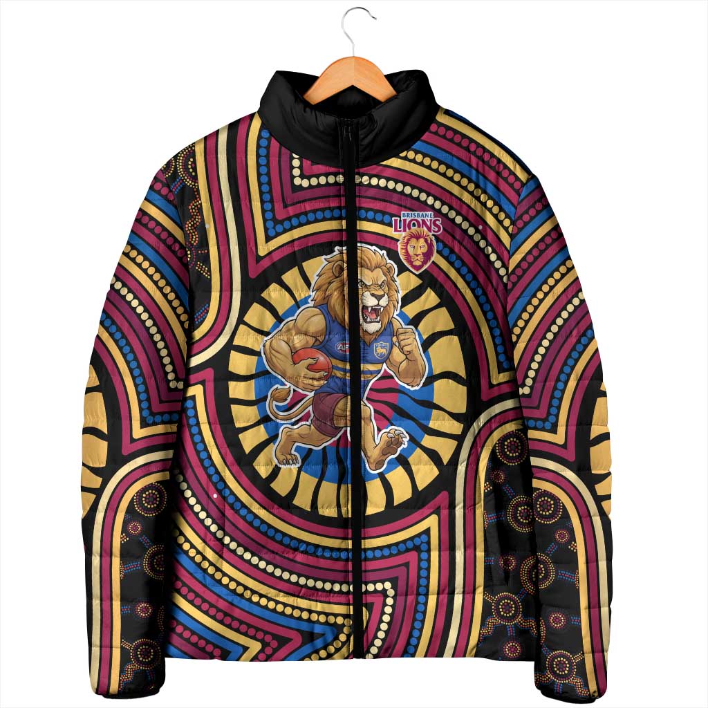 Brisbane Lions Padded Jacket Indigenous Monochrome Dot Art Mascot Style