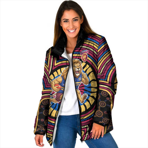 Brisbane Lions Padded Jacket Indigenous Monochrome Dot Art Mascot Style